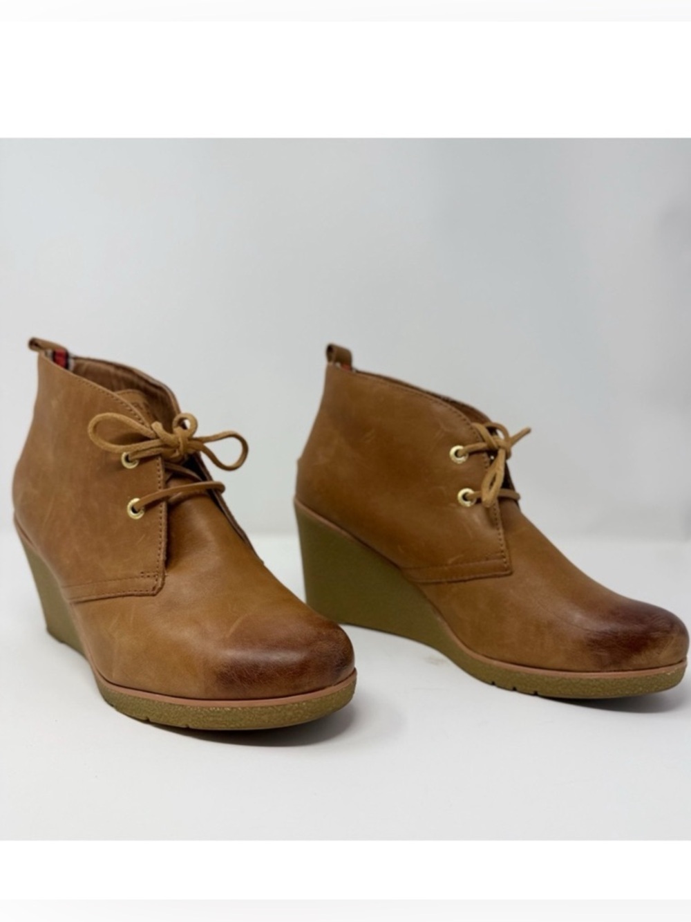 Sperry Harlow Burnished Wedge Booties Brown Leather Lace Up Ankle Boots Size 9